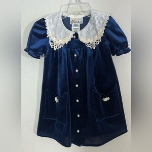 Vintage SWAT Girls 2T Dress Blue Velvet Lace Peter Pan Collar USA Pearl Pockets